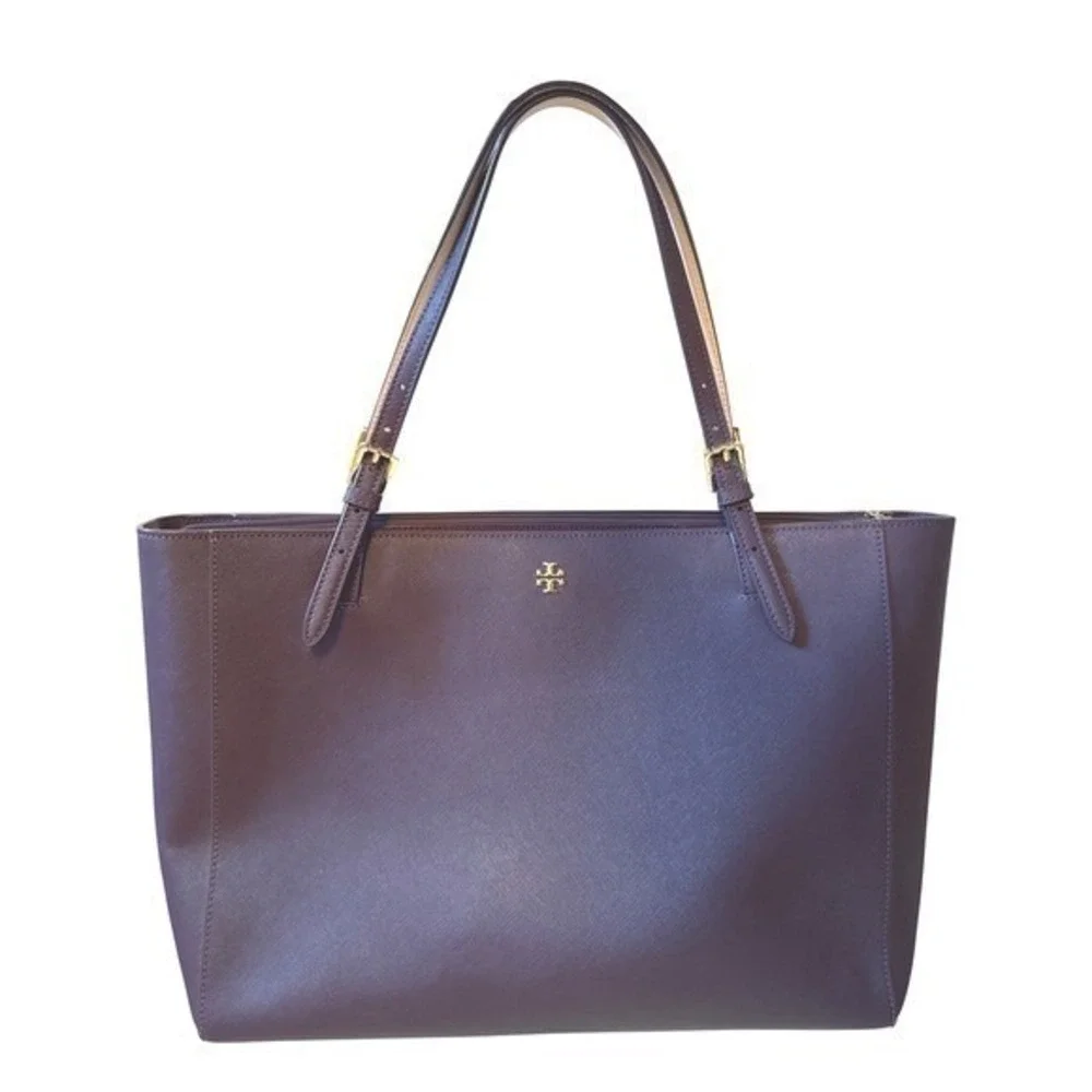 Tory Burch Tote‎ Bag Violet Leather Gold Logo Top Zip Shoulder Bag
